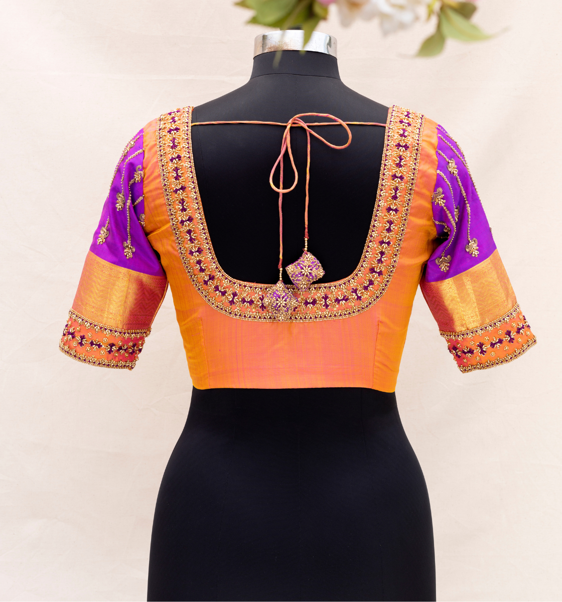 Orange Embroidery Blouse with Contrast Sleeves