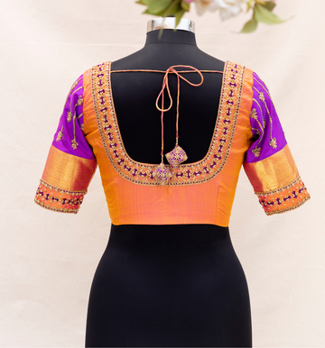 Orange Embroidery Blouse with Contrast Sleeves
